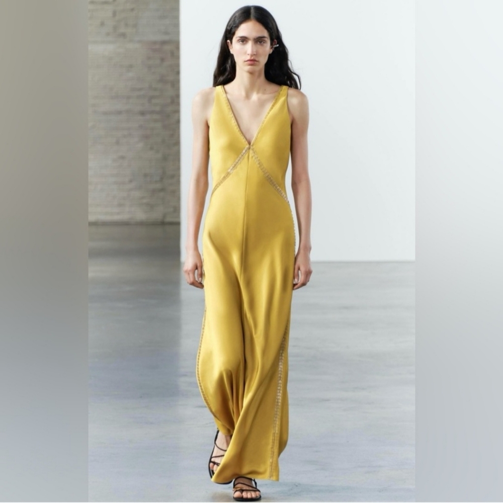 Zara Mustard Yellow Maxi Dress with V-Neck